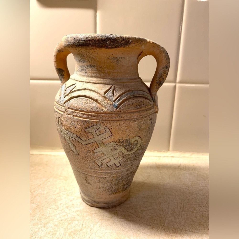 6” Distressed Stoneware Handled Vase Southwestern Style
